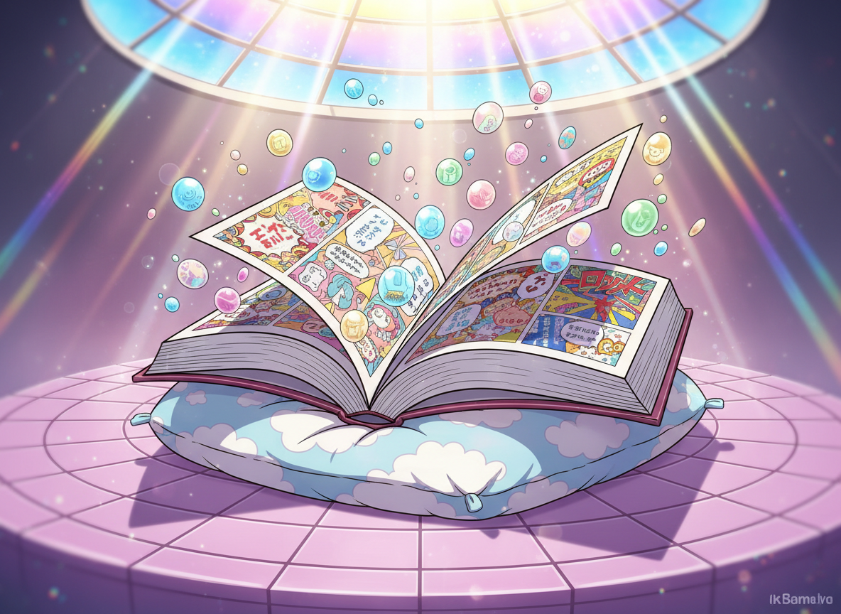 A whimsical, oversized open book with thick, brightly colored manga-style pages springing to life, each page featuring dynamic cartoonish speech bubbles and floating, glowing orbs. The book rests atop a softly textured plush cushion patterned with pastel clouds, situated in the center of a round, floating, dreamlike platform composed of smooth pink and lavender tiles. Sunbeams stream from above through a translucent, magical skylight, casting gentle, iridescent highlights on the book’s coated pages while playful shadows dance along the cushion. The mood is energetic and joyful, radiating playful curiosity. Shot from a slightly elevated angle with soft focus on the edges to create a sense of blooming wonder. The image style is anime-inspired with bold contours, bright colors, rounded forms, and a kinetic composition that entices the viewer into the world of manga and webtoons.